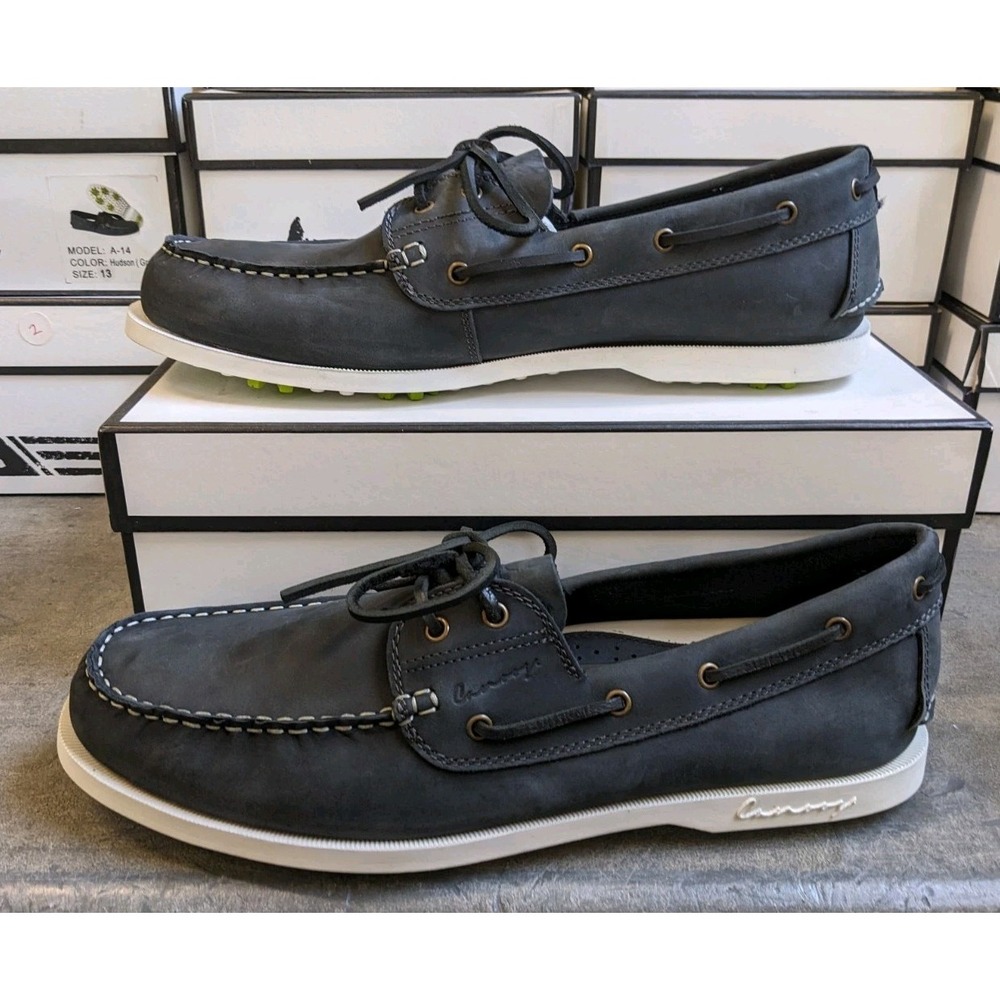 Canoos 2.0 Golf Shoes Mens 13 Dark Gray & White Leather Boat Shoe Loafer - Picture 1 of 6